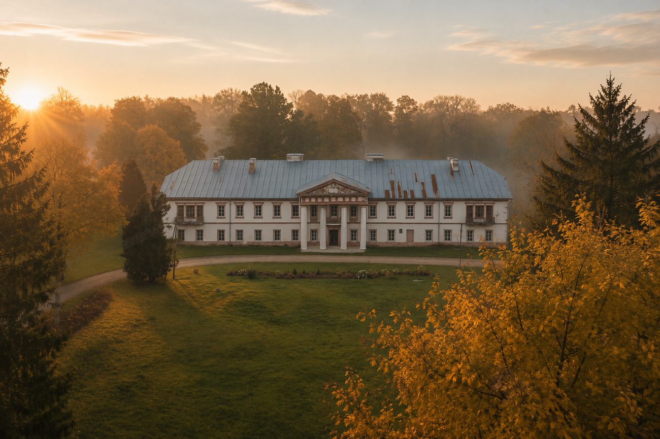 Rūmai ir parteris iš aukšto saulėlydžio metu