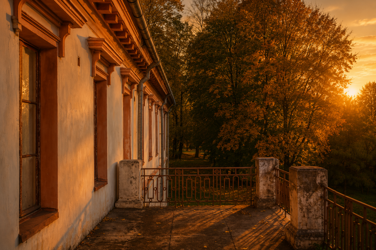 Rūmų terasa su ketaus turėklais saulėlydyje